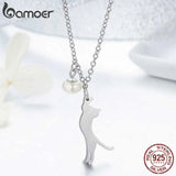 925 Sterling Silver Cat Pendant Necklace Shell Pearl Chain for Women