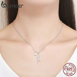 925 Sterling Silver Cat Pendant Necklace Shell Pearl Chain for Women