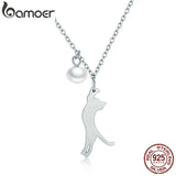 925 Sterling Silver Cat Pendant Necklace Shell Pearl Chain for Women