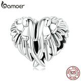 925 Silver Heart Wings Charm for Bracelet & Bangle, Feather Texture Beads DIY