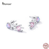 925 Silver Love Ear Studs Pink Bear Drop Earrings