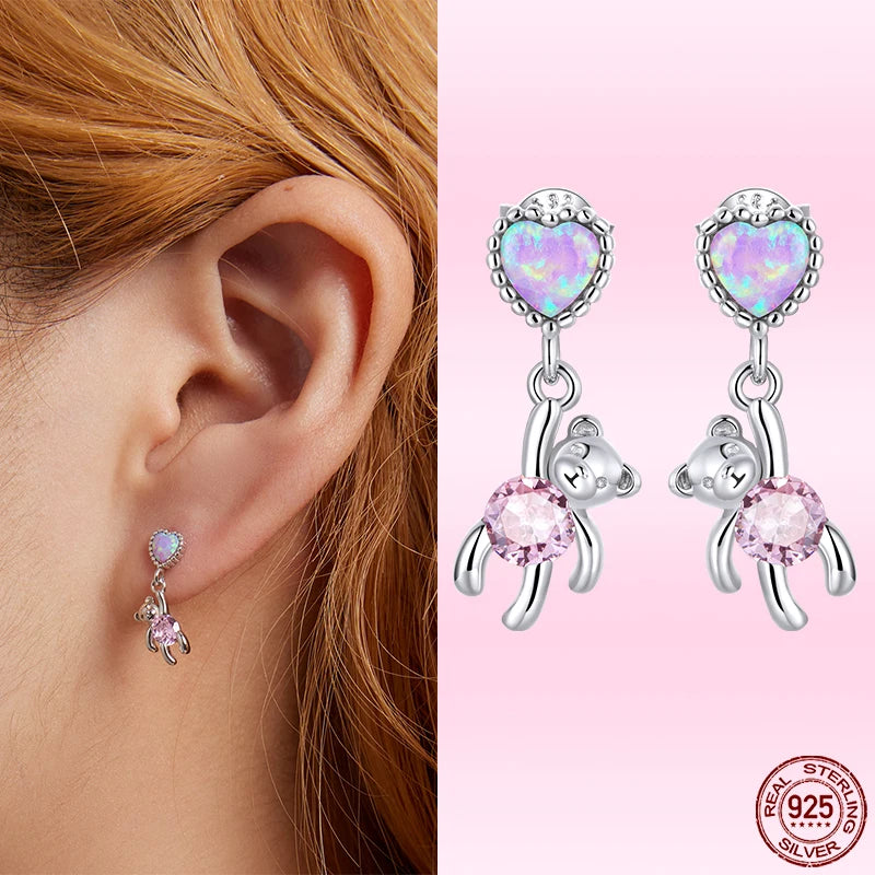 925 Silver Love Ear Studs Pink Bear Drop Earrings