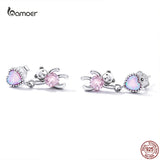 925 Silver Love Ear Studs Pink Bear Drop Earrings