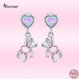 925 Silver Love Ear Studs Pink Bear Drop Earrings