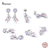 925 Silver Love Ear Studs Pink Bear Drop Earrings