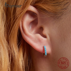 925 Silver Turquoise Ear Buckles Earrings Women Fine Jewelry