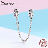 925 Silver Pink Heart Safety Chain Charm for Bracelet DIY Jewelry