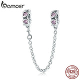 925 Silver Pink Heart Safety Chain Charm for Bracelet DIY Jewelry