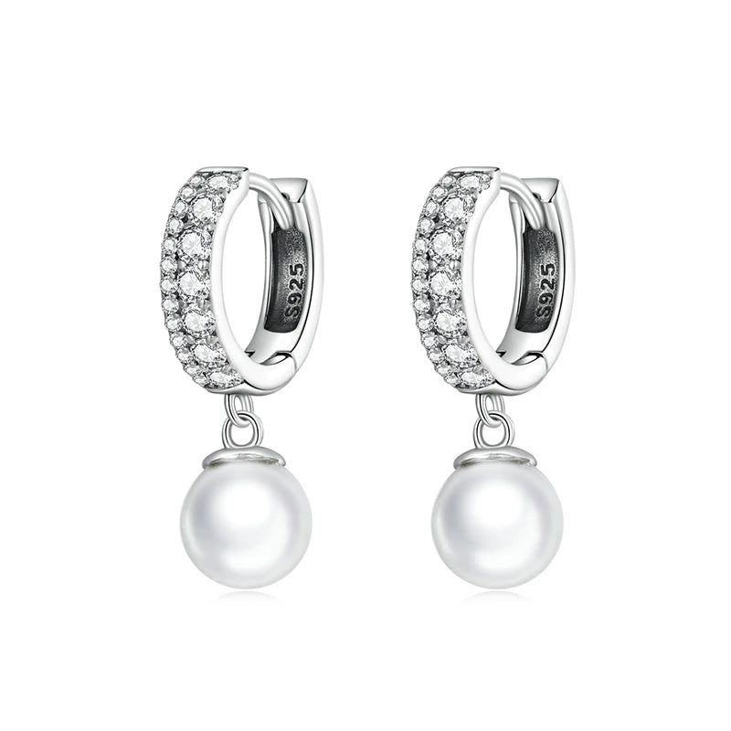 925 Sterling Silver Shell Bead Pendent Earrings CZ Drop Fine Wedding Jewelry