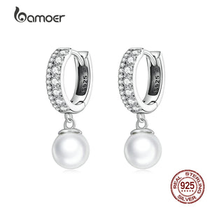925 Sterling Silver Shell Bead Pendent Earrings CZ Drop Fine Wedding Jewelry
