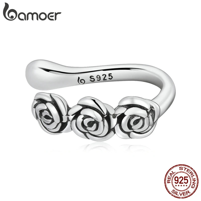 Bamoer Vintage 925 Sterling Silver Rose Ear Cuff Women's Fine Jewelry