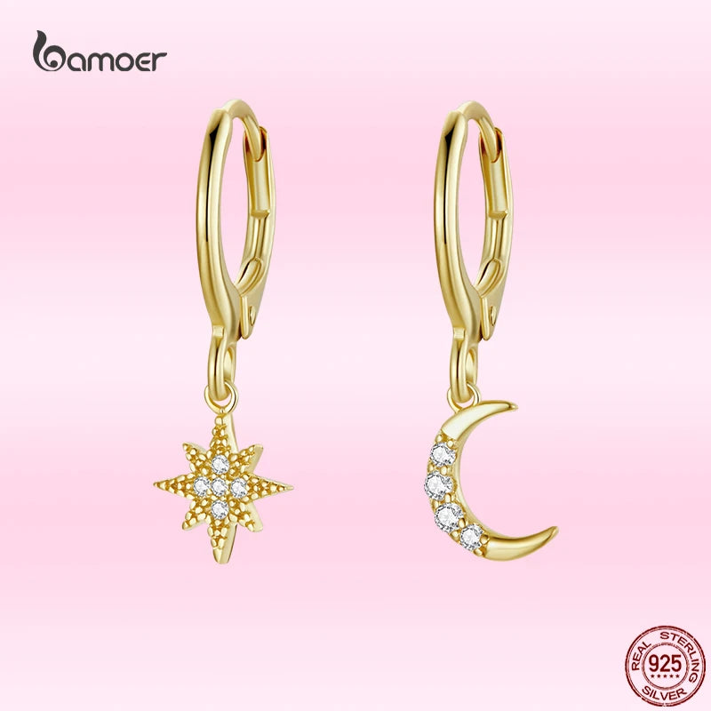 Golden Star&Moon Earrings 925 Silver Gold-Plated Party Jewelry