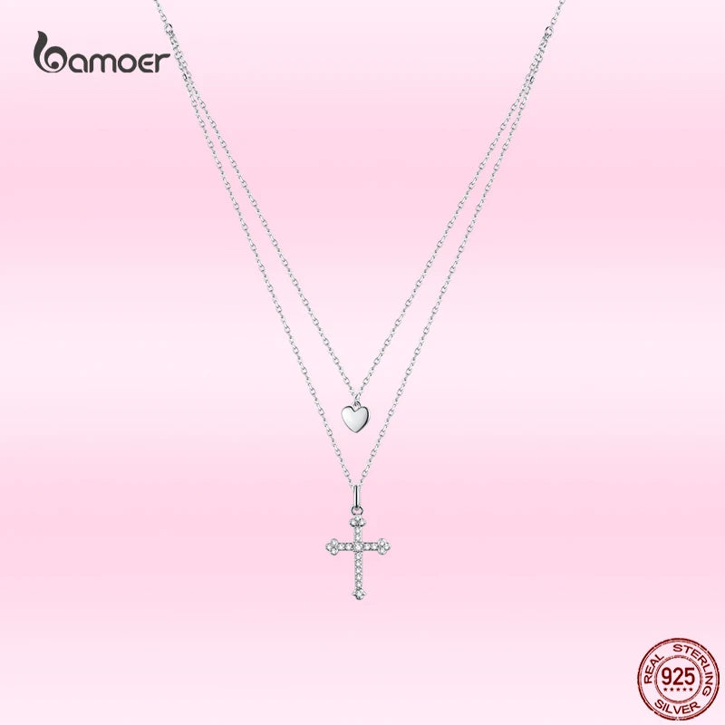 925 Silver Cross Heart CZ Pendant Necklace Women