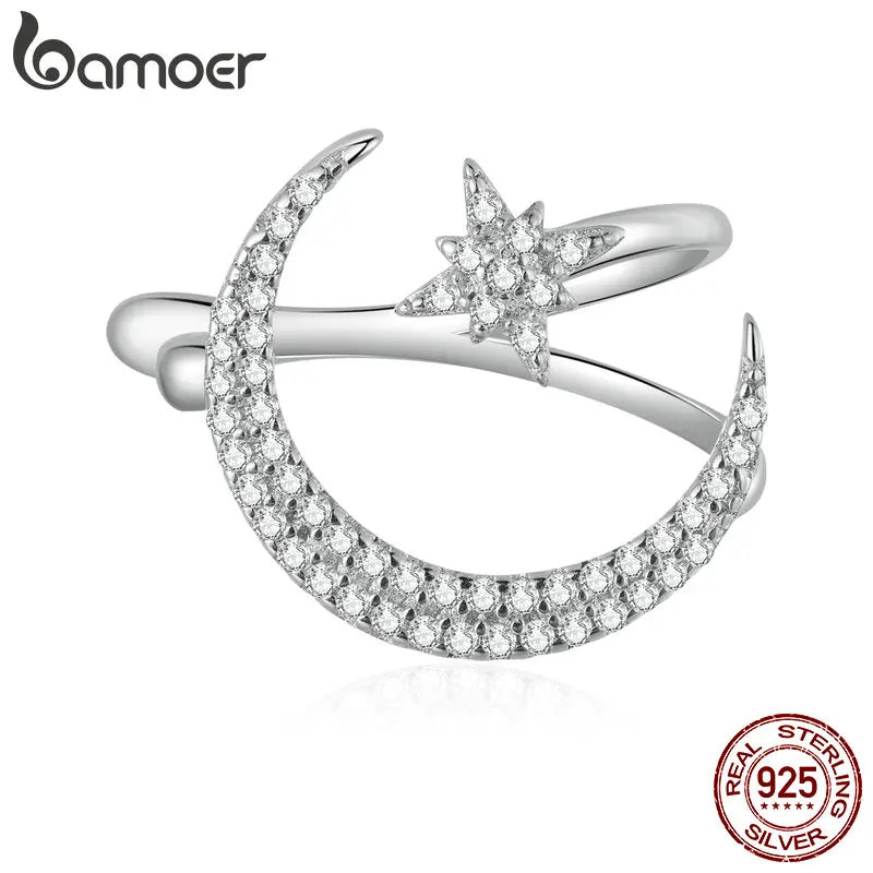925 Silver Star & Moon Ear Cuff CZ Ear Clip BSE701