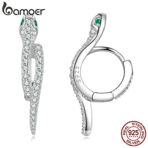 Bamoer 925 Silver Snake Earrings Zircon Statement Jewelry