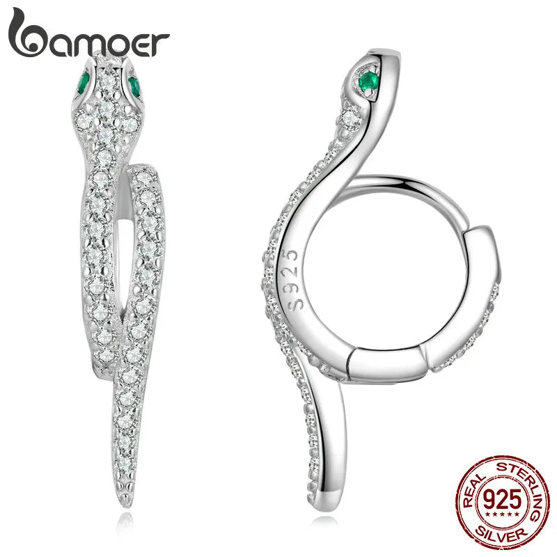Bamoer 925 Silver Snake Earrings Zircon Statement Jewelry