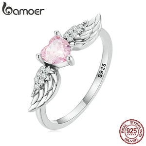 Sterling Silver Angel Wing Ring Pink Heart Zircon Eternity Band