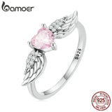 Sterling Silver Angel Wing Ring Pink Heart Zircon Eternity Band