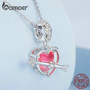 925 Silver Arrow & Heart Bead Pink Zircon Pendant for Women BSC680