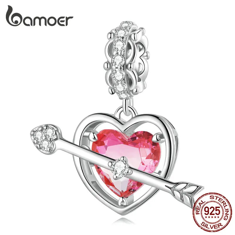 925 Silver Arrow & Heart Bead Pink Zircon Pendant for Women BSC680