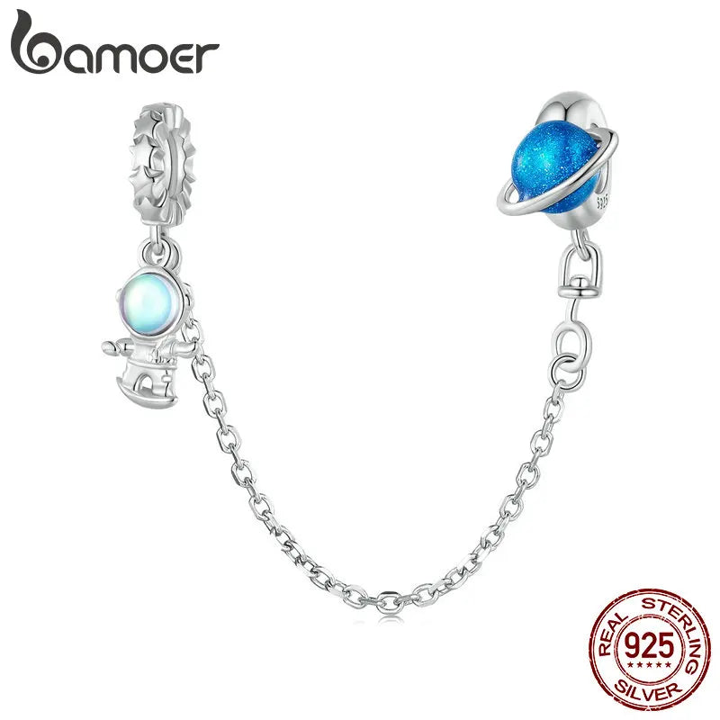 925 Silver Astronaut Safety Chain for Women Bracelet Bangle DIY Jewelry