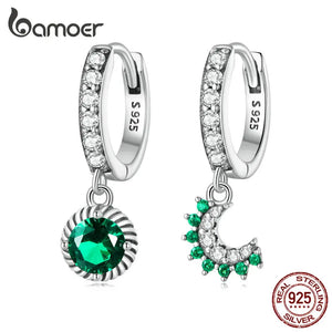 925 Silver Sun & Moon Drop Earrings Green Zircon Hoops BSE705