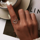 925 Silver Big Heart Shaped Ring Oxidized Hollow Love Finger Gift Jewelry