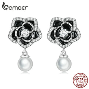 925 Silver Camellia Stud Earrings Vintage Pearl Earrings for Women