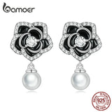 925 Silver Camellia Stud Earrings Vintage Pearl Earrings for Women