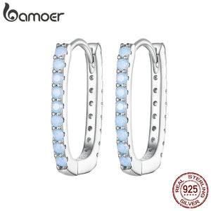 925 Silver Opal Geometric Ear Hoop Earrings CZ Setting BSE744