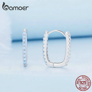 925 Silver Opal Geometric Ear Hoop Earrings CZ Setting BSE744