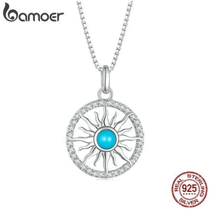 925 Silver Turquoise Sun Pendant Necklace CZ Setting Women Birthday Gift
