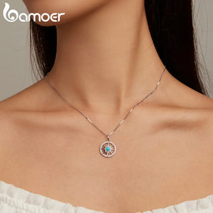 925 Silver Turquoise Sun Pendant Necklace CZ Setting Women Birthday Gift