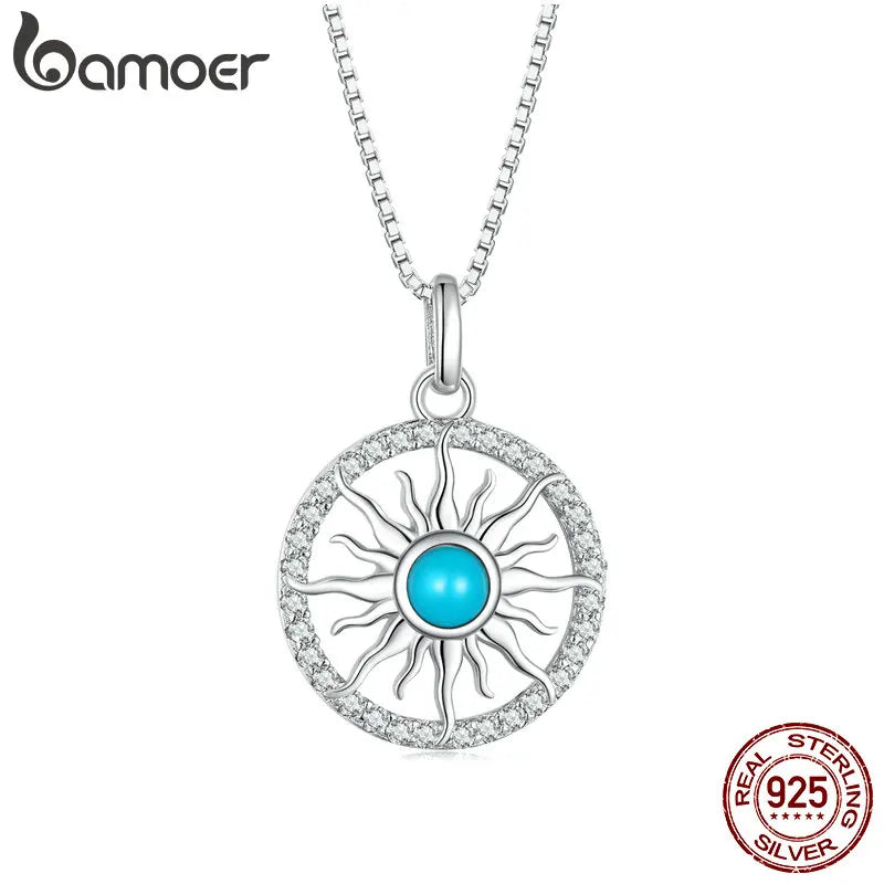 925 Silver Turquoise Sun Pendant Necklace CZ Setting Women Birthday Gift