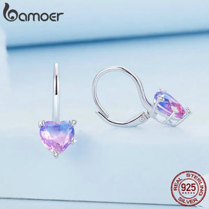 925 Silver Purple Glass Heart Hoop Earrings Romantic Jewelry