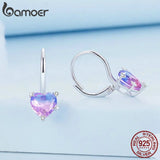 925 Silver Purple Glass Heart Hoop Earrings Romantic Jewelry