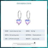 925 Silver Purple Glass Heart Hoop Earrings Romantic Jewelry