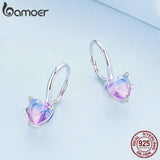 925 Silver Purple Glass Heart Hoop Earrings Romantic Jewelry