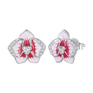 925 Silver Butterfly Orchid Earrings Red Flower Stud Ears Gift