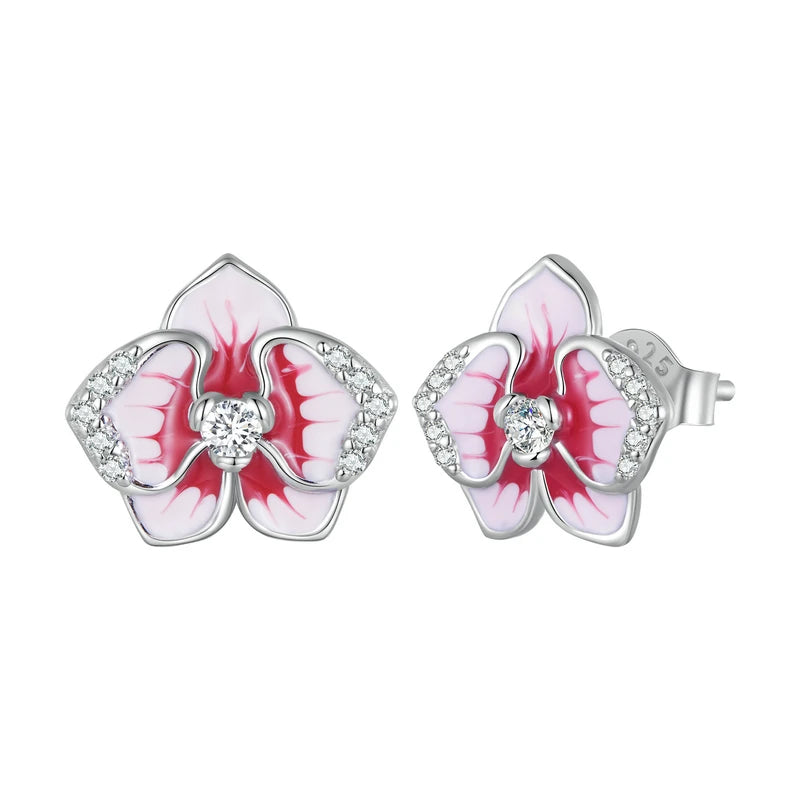 925 Silver Butterfly Orchid Earrings Red Flower Stud Ears Gift