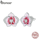 925 Silver Butterfly Orchid Earrings Red Flower Stud Ears Gift