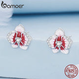 925 Silver Butterfly Orchid Earrings Red Flower Stud Ears Gift