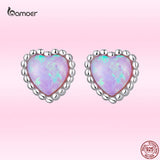 925 Silver Colorful Heart Stud Earrings Opal Ear Studs Women Fine Jewelry