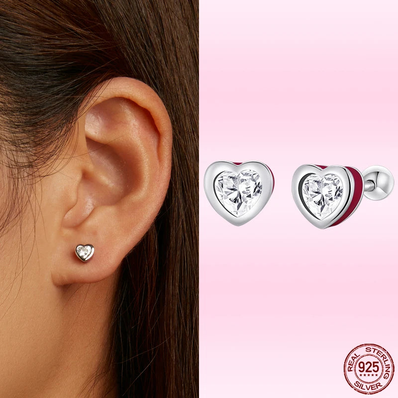 925 Silver Colorful Heart Stud Earrings Opal Ear Studs Women Fine Jewelry