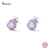 925 Silver Colorful Heart Stud Earrings Opal Ear Studs Women Fine Jewelry
