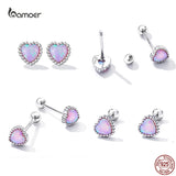 925 Silver Colorful Heart Stud Earrings Opal Ear Studs Women Fine Jewelry