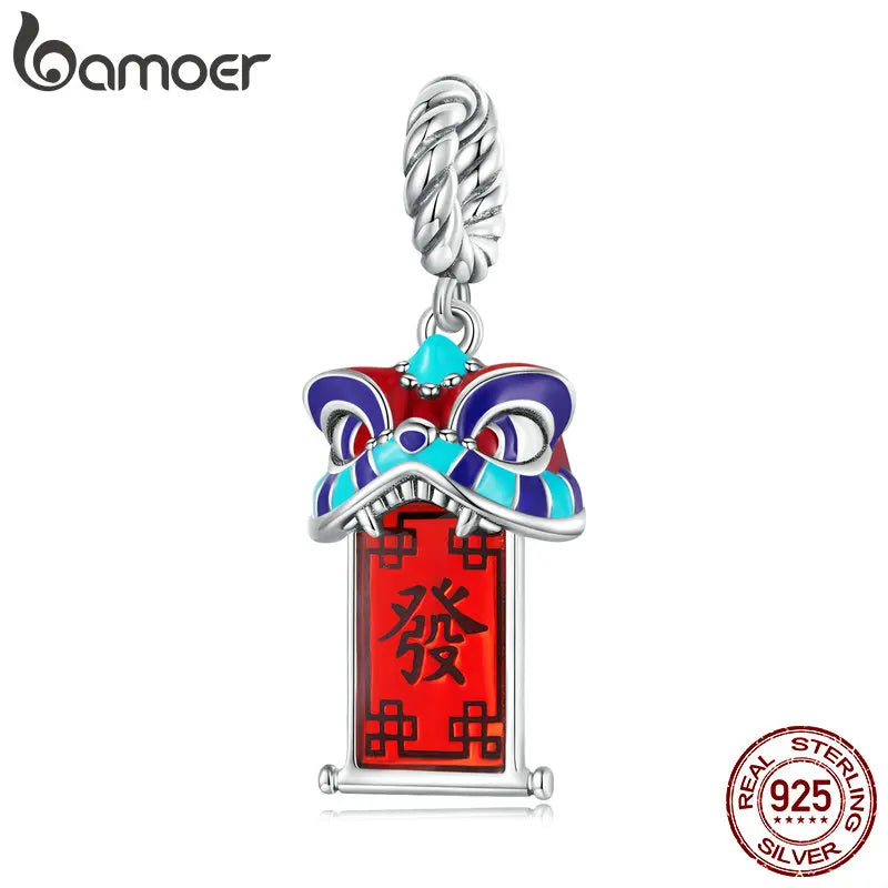 925 Silver Chinese Year Red Enamel Lion Dancing Bead BSC726