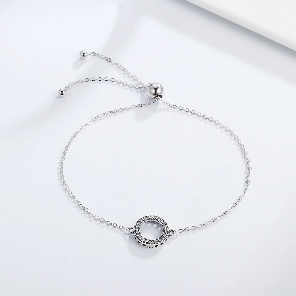 925 Silver Zircon Circle Bracelet Hearts Chain Vintage Jewelry