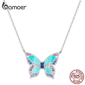 925 Silver Butterfly Pendant Necklace Colorful Insect Chain Women Gift BSN306