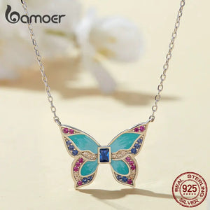 925 Silver Butterfly Pendant Necklace Colorful Insect Chain Women Gift BSN306